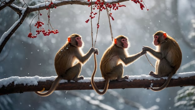 Three monkeys playfully interacting on a snowy branch, surrounded by nature's beauty. photo