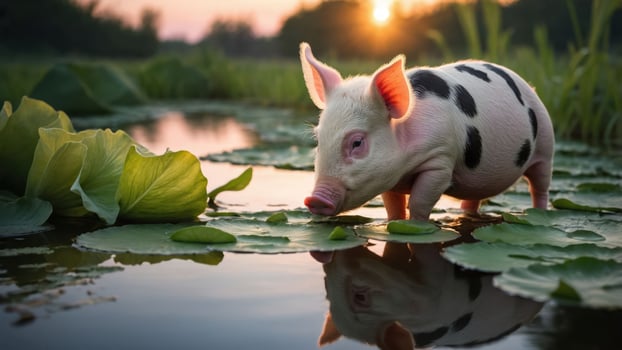 A playful piglet wades through lily pads at sunset, reflecting in the serene water. photo