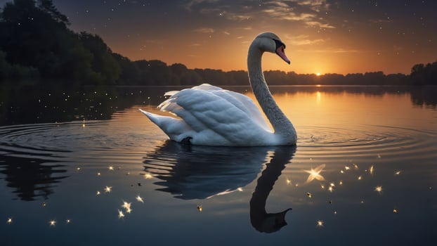 A serene swan gliding across a tranquil lake at sunset, reflecting the beautiful scenery. photo