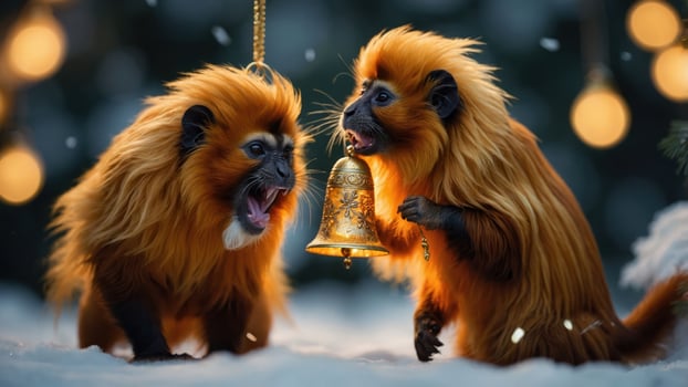 Two golden lion tamarins playfully interacting with a bell in a snowy, festive setting. photo