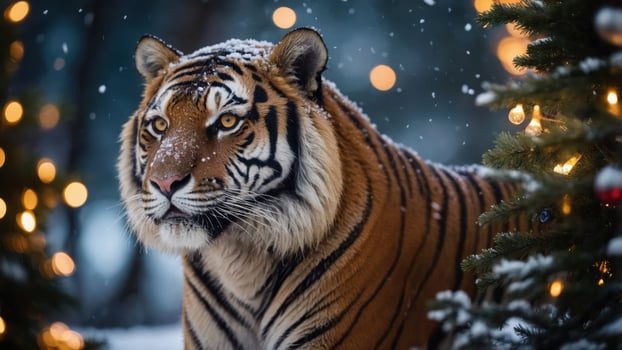 A majestic tiger in a snowy landscape adorned with festive lights. photo