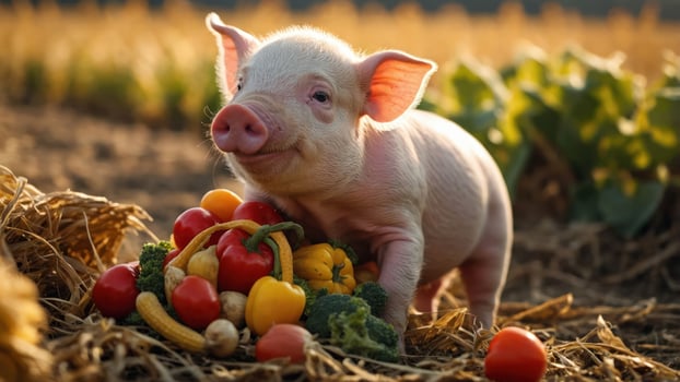 A playful piglet surrounded by fresh vegetables on a farm. photo