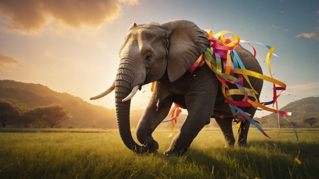 An elephant adorned with colorful ribbons joyfully runs through a vibrant landscape. photo