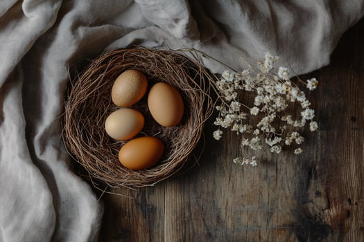 A cozy rustic Easter setting featuring pastel eggs in a woven nest, surrounded by soft linen and delicate wildflowers. A perfect composition celebrating spring natural beauty and warmth photo