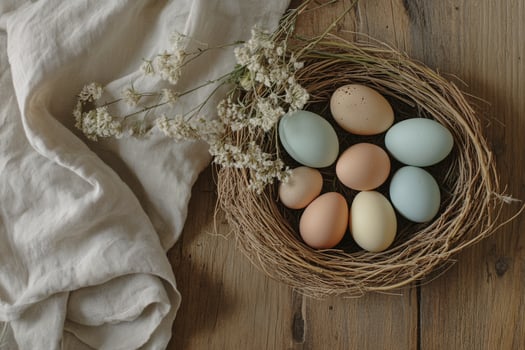 A charming nest of speckled eggs rests on a wooden table, surrounded by fresh flowers and linen fabric. The warm, earthy tones create a nostalgic and peaceful Easter. photo