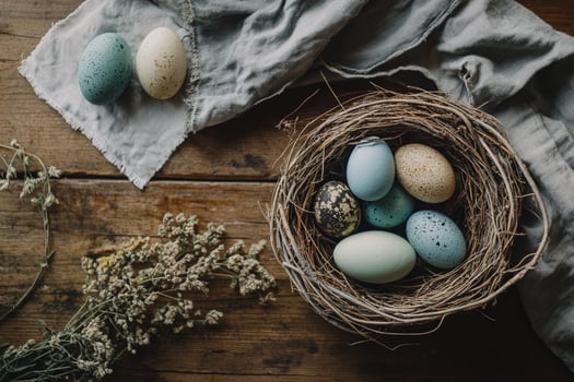 A basket of pastel-colored Easter eggs sits near a sunlit window, with blooming flowers in the background. A dreamy and delicate springtime composition full of warmth and festivity. photo