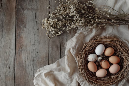 A basket of pastel-colored Easter eggs sits near a sunlit window, with blooming flowers in the background. A dreamy and springtime composition full of warmth and festivity. photo