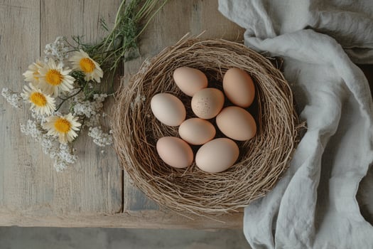 A basket of pastel-colored Easter eggs sits near a sunlit window, with blooming flowers in the background. A dreamy and delicate springtime composition full of warmth and festivity photo