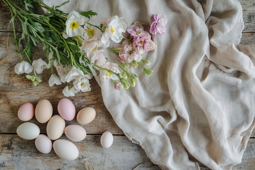 A rustic wooden table adorned with Easter eggs, linen fabric, and wildflowers. The soft, neutral tones and gentle lighting create a peaceful and elegant atmosphere. photo