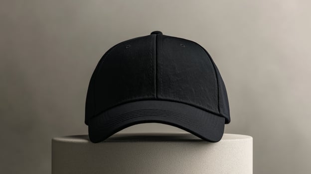 Black cap mockup displayed on a minimalistic stand in a modern setting photo