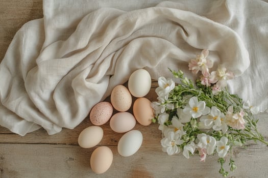 A collection of pale-colored eggs nestled in straw, accompanied by fresh white flowers and soft linen. A serene and organic Easter composition, celebrating spring renewal and elegance. photo