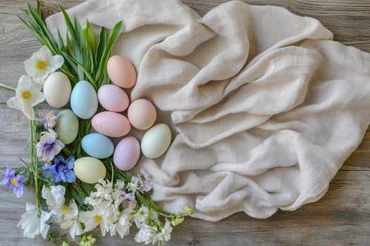 A collection of pale-colored eggs nestled in straw, accompanied by fresh white flowers and soft linen. A serene and organic Easter composition, celebrating rustic elegance. photo