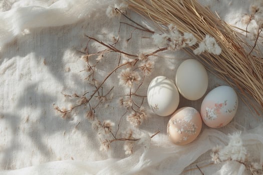 Pale-colored eggs nestled in straw, accompanied by fresh white flowers and soft linen. A serene and organic Easter composition, celebrating spring renewal and rustic elegance. photo