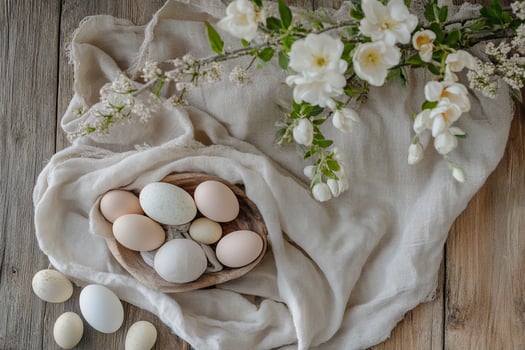 A soft-focus Easter setting with pastel eggs in a woven nest, accompanied by vintage linen and fresh spring flowers. A timeless and celebration of Easter and nature beauty photo