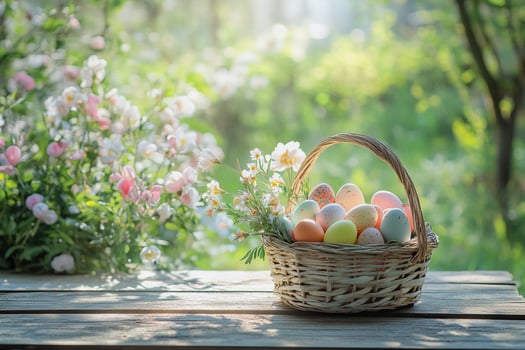 Easter eggs in muted natural tones rest on a wooden surface, complemented by soft linen and fresh daisies. A charming and delicate seasonal still life perfect for celebrations. photo