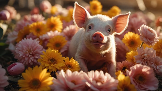 A cute piglet surrounded by colorful flowers, conveying a sense of joy and nature. photo