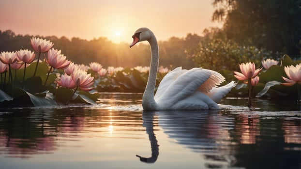 A serene swan glides through a pond adorned with blooming lotus flowers at sunset. photo