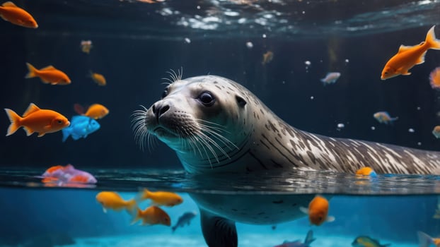 A seal swims in an aquarium surrounded by colorful fish. photo