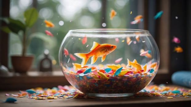 A vibrant goldfish swims in a colorful bowl filled with confetti-like decorations. photo