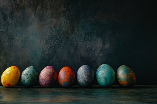 A collection of dark, marbled Easter eggs with rich, vibrant colors on a textured black background. The moody lighting adds depth, creating a dramatic and artistic still-life composition. photo