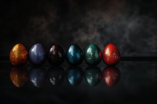 A pile of marbled and speckled Easter eggs in deep jewel tones, resting against a black textured surface. The soft, moody lighting adds a sense of drama and luxury to the composition. photo