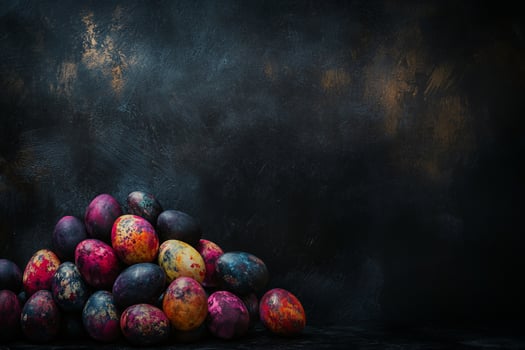 A collection of dark, marbled Easter eggs with rich, vibrant colors on a textured black background. The moody lighting adds depth, creating a dramatic and artistic composition. photo