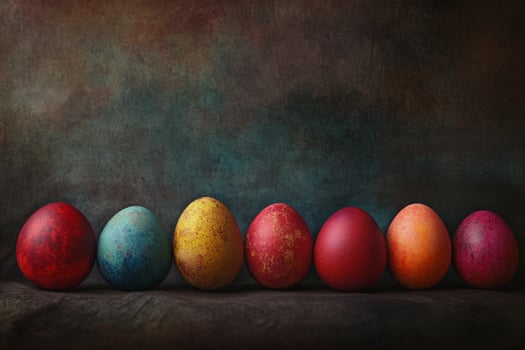 A dynamic arrangement of colorful eggs with swirling, painted textures, set against a dark, moody backdrop. The rich lighting and shadows add a sense of mystery. photo