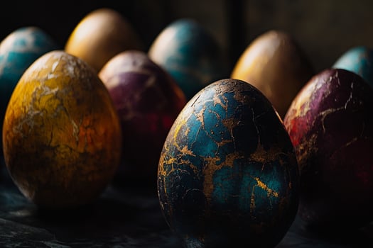 A pile of marbled and speckled Easter eggs in deep jewel tones, resting against a black textured surface. The soft, moody lighting adds a sense of drama and luxury. photo