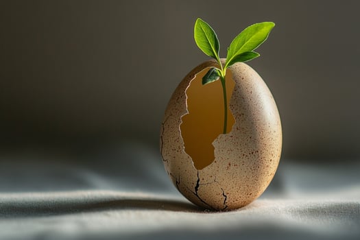 A broken eggshell shelters a young green plant, creating a powerful metaphor for renewal, hope, and nature miracles. Soft natural tones and gentle light make this an inspiring still-life shot. photo