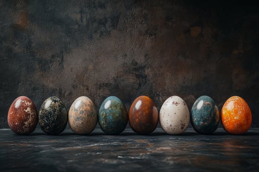 A mesmerizing display of metallic-painted Easter eggs with deep blue, red, and gold hues. The dramatic lighting and rich textures evoke a sense of luxury, mystery, and artistic refinement. photo