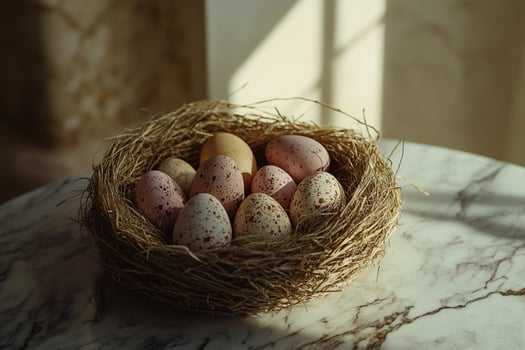 A rustic nest filled with speckled Easter eggs, bathed in warm natural light, creating a cozy and festive atmosphere. Perfect for spring decor, Easter celebrations, and artistic photography. photo
