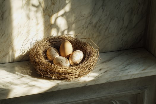 Sunlight dances over a nest filled with Easter eggs, casting gentle shadows on a textured stone surface. A timeless still-life composition perfect for seasonal decor and aesthetic inspiration. photo