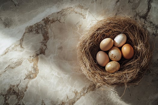A charming nest of eggs rests on a luxurious marble countertop, blending rustic textures with modern elegance. Ideal for nature-inspired decor, holiday themes, and fine art photography photo