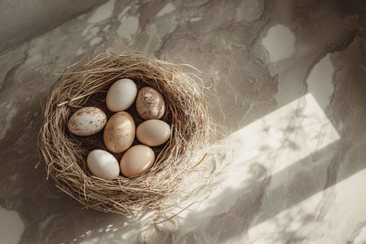 Soft morning sunlight highlights a delicate nest filled with warm-toned eggs. A perfect still-life composition celebrating Easter, springtime renewal, and the beauty of simplicity. photo