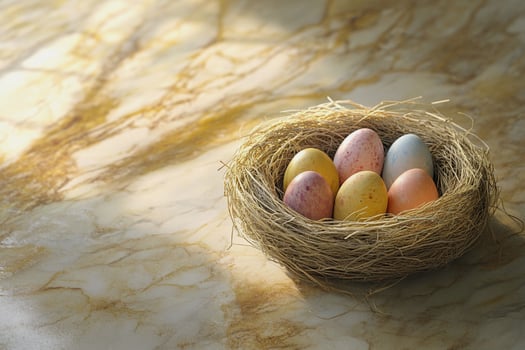 Golden sunlight illuminates a nest full of delicate eggs, casting dreamy shadows on a marbled surface. A perfect visual representation of spring awakening and festive tranquility. photo