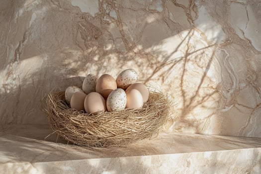 A perfectly arranged nest of pastel and earth-toned eggs sits against a textured stone backdrop. The soft lighting enhances the warm hues, making it an elegant and serene composition. photo
