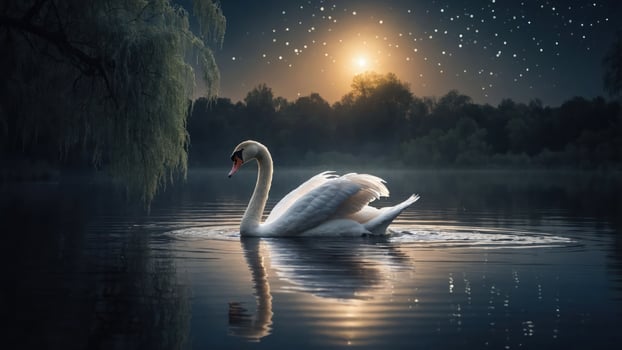 A serene swan glides across a moonlit lake, surrounded by a tranquil night landscape. photo