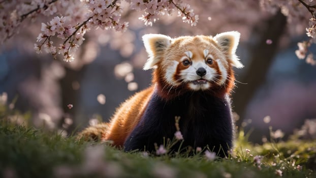 A red panda sits amidst cherry blossoms, showcasing its playful nature in a serene setting. photo