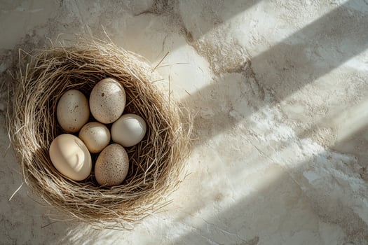 A close-up of a beautifully woven nest holding a collection of decorative eggs. Earthy colors and soft light make this a perfect artistic and seasonal for Easter. photo