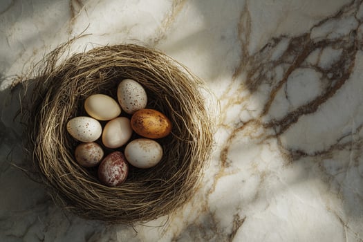 A warm-toned nest holds a collection of Easter eggs, bathed in natural light. This inviting and delicate arrangement perfectly captures the essence of seasonal joy and artistic charm. photo