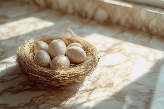A warm-toned nest holds a collection of Easter eggs, bathed in natural light. This inviting and delicate arrangement perfectly captures the essence of joy and artistic charm. photo