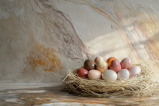 A rustic nest with colorful, speckled eggs sits on a textured stone background, blending earthy tones with elegant lighting. A stunning composition for nature lovers and Easter celebrations. photo
