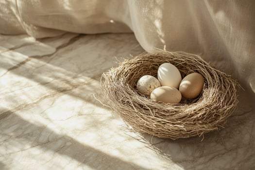 A rustic nest with colorful, speckled eggs sits on a textured stone background, blending earthy tones with elegant lighting. A stunning composition for nature lovers and celebrations. photo