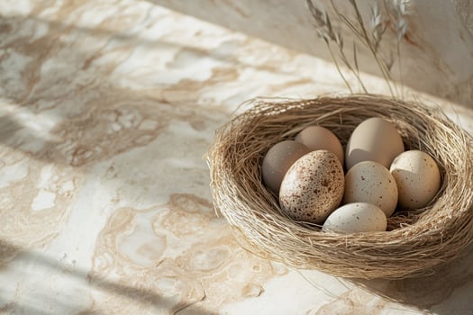 A cozy nest of Easter eggs rests on a luxurious stone surface, creating a contrast between rustic nature and elegant design. The soft glow of light adds warmth and a delicate touch. photo