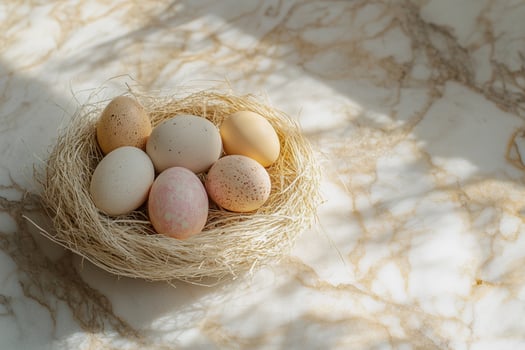 A cozy nest of Easter eggs rests on a luxurious stone surface, creating a contrast between rustic nature and elegant design. The soft glow of light adds warmth and artistic touch. photo