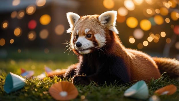 A red panda relaxing in a vibrant outdoor setting with colorful decorations. photo