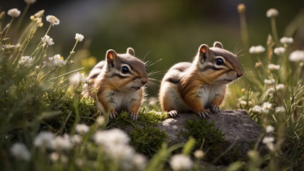 Two chipmunks sitting on a rock among flowers in a sunny environment. photo