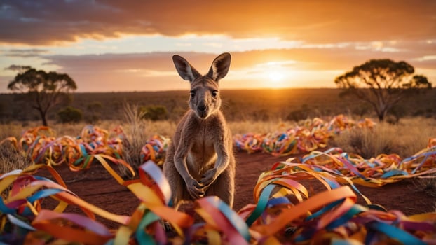 A kangaroo stands amidst colorful ribbons on a sunset-lit landscape. photo