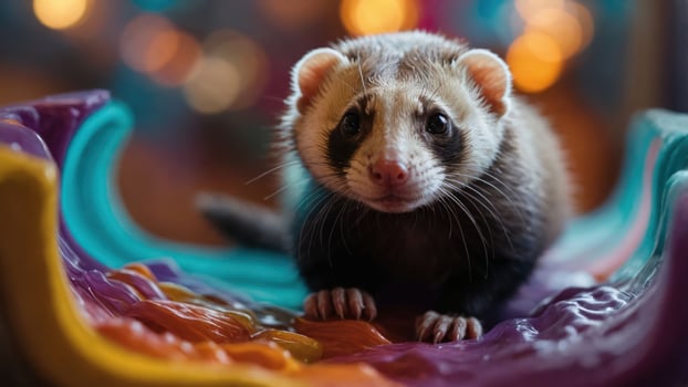 A close-up of a ferret on a colorful slide, capturing its curious expression. photo