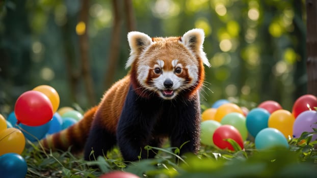 A red panda surrounded by colorful balloons in a lush green setting. photo